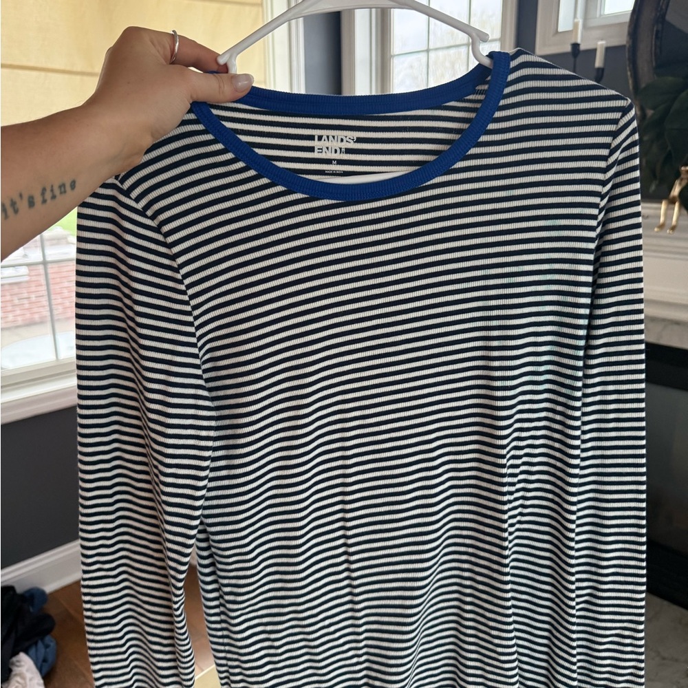 Lands' End Blue and White Striped Long Sleeve Top size m 94% cotton